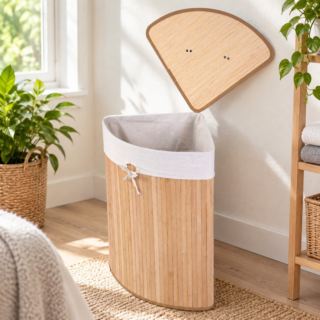 Airfind Corner Bamboo Hamper Laundry Basket, Bamboo and polyester cotton Frame, Natural, Easy to carry with a handle on each side