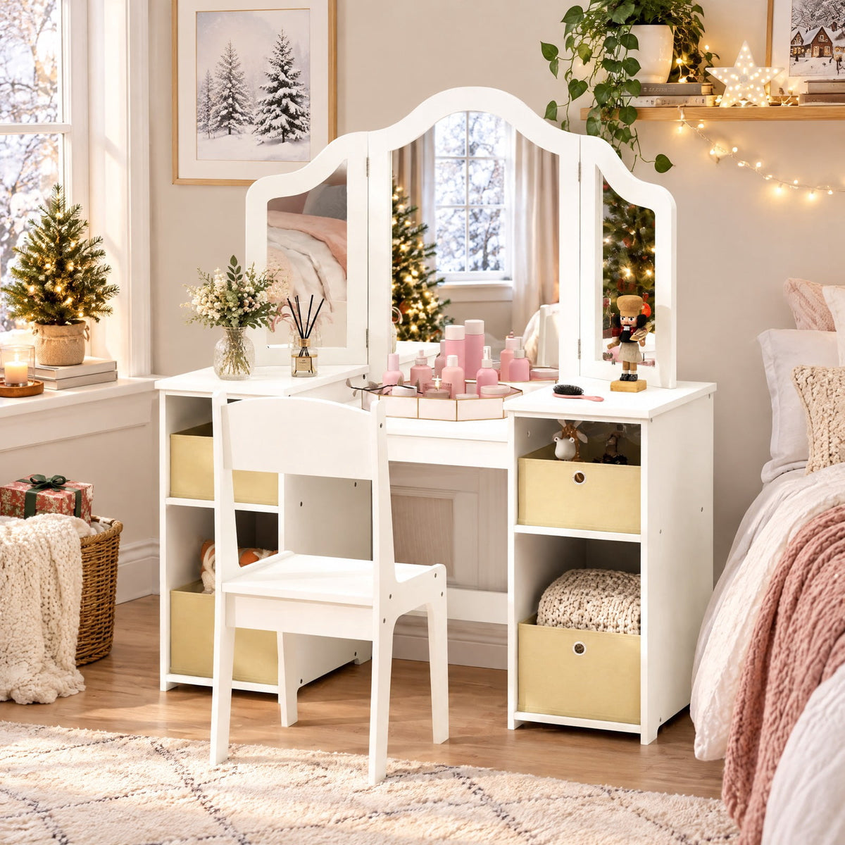Airfind Kids Vanity Table and Chair Set with Removable Mirrors and 4 Storage Bins, 220 lbs Capacity, MDF Frame, for 3+ Years Old, White
