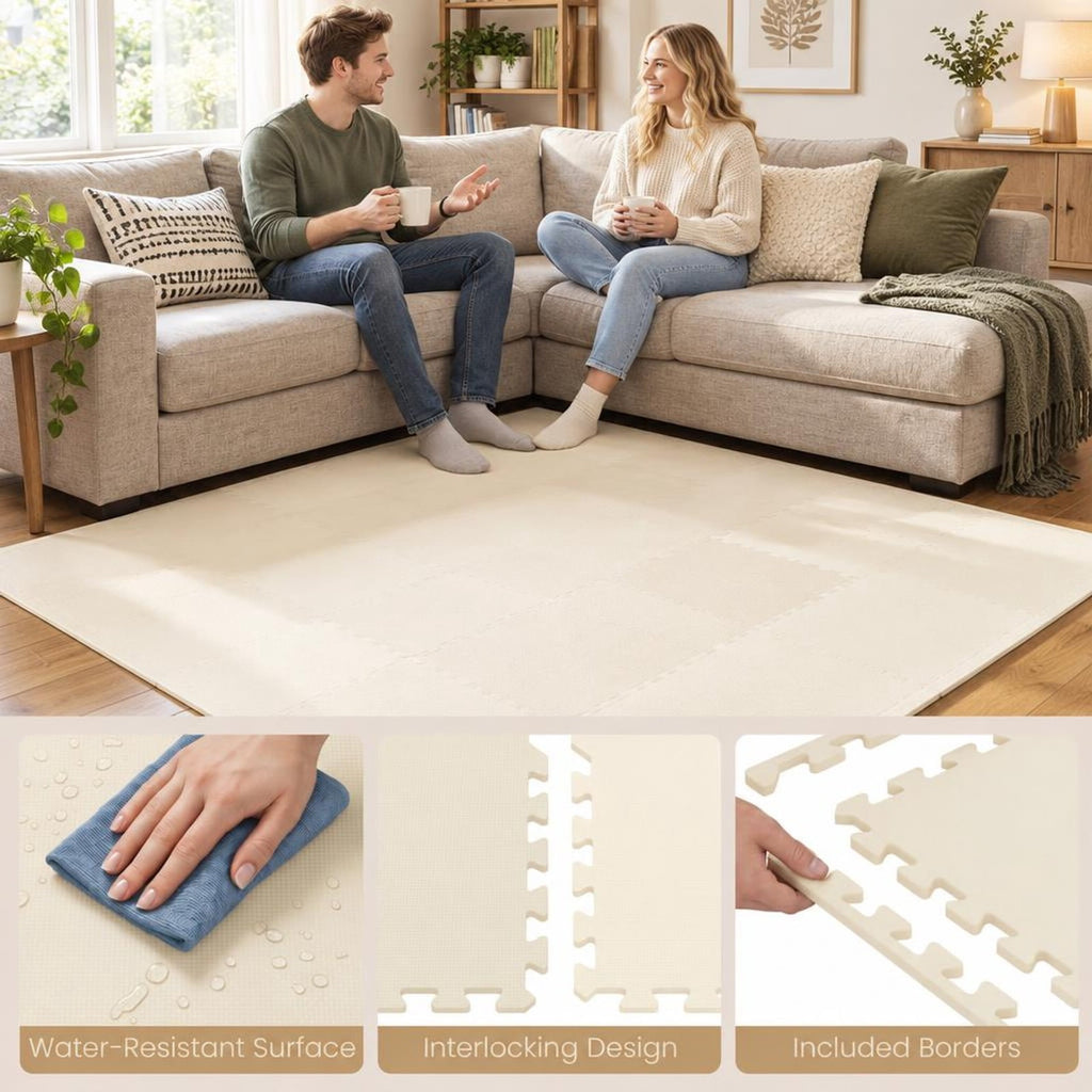 Airfind 18 Pack Interlocking EVA Foam Floor Tiles with Boarders, EVA Foam Frame, 72 Inch x 37 Inch x 0.4 Inch Footprint, Beige