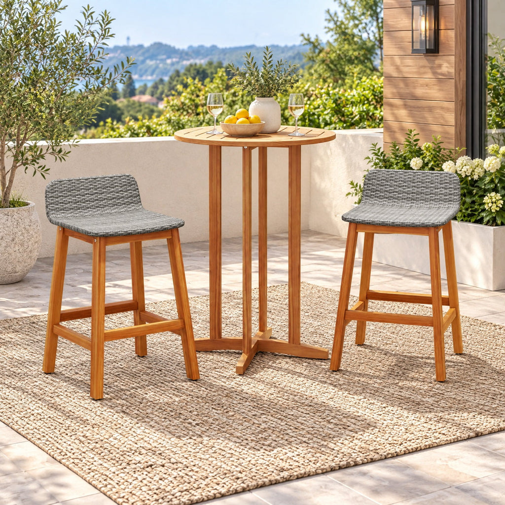 Airfind Solid Acacia Wood Bar Stools Set of 2 with Backrests and Footrests for Porch, Acacia Wood PE Rattan Frame, Gray