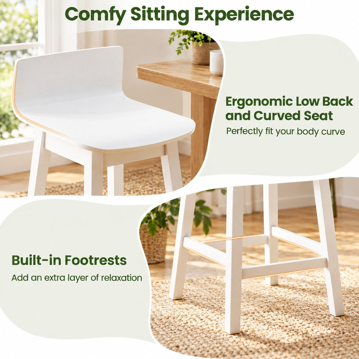 Airfind 24.5 Inch Swivel Wooden Bar Stools Set of 4 with Rubber Wood Legs and Low Back, 350 lbs Capacity, Rubber Wood Plywood Frame, White