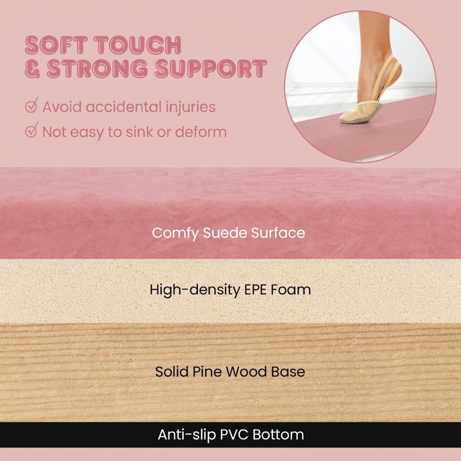 Airfind 9 ft Folding Gymnastics Balance Beam with Suede Cover, Pine Wood Core and Non-Slip Mat, Pink