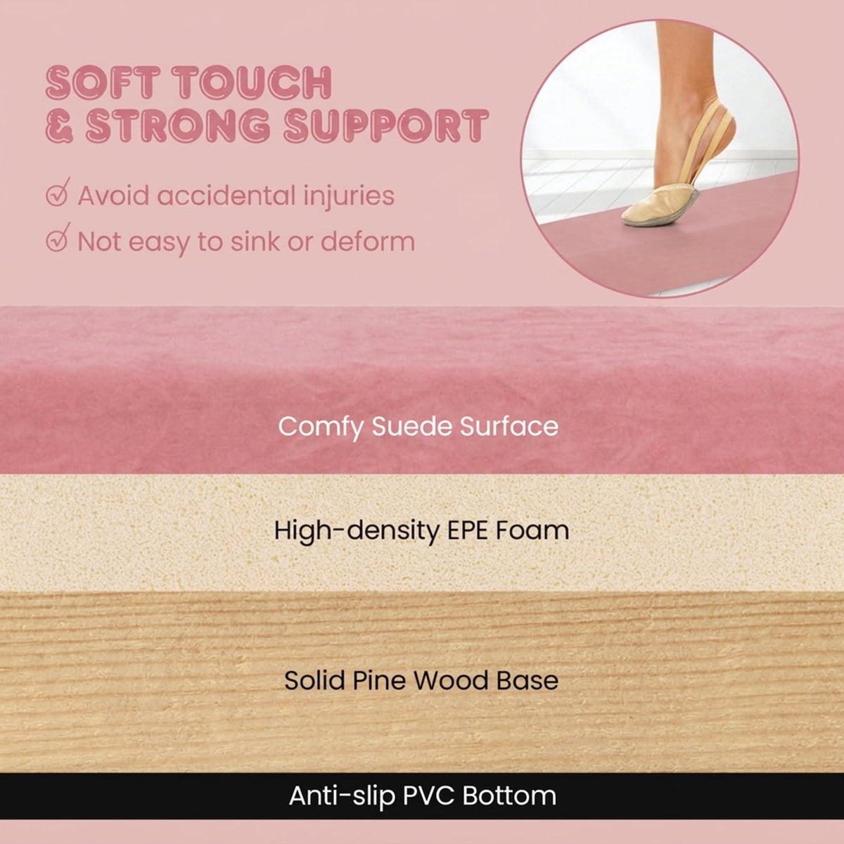 Airfind 9 ft Folding Gymnastics Balance Beam with Suede Cover, Pine Wood Core and Non-Slip Mat, Pink
