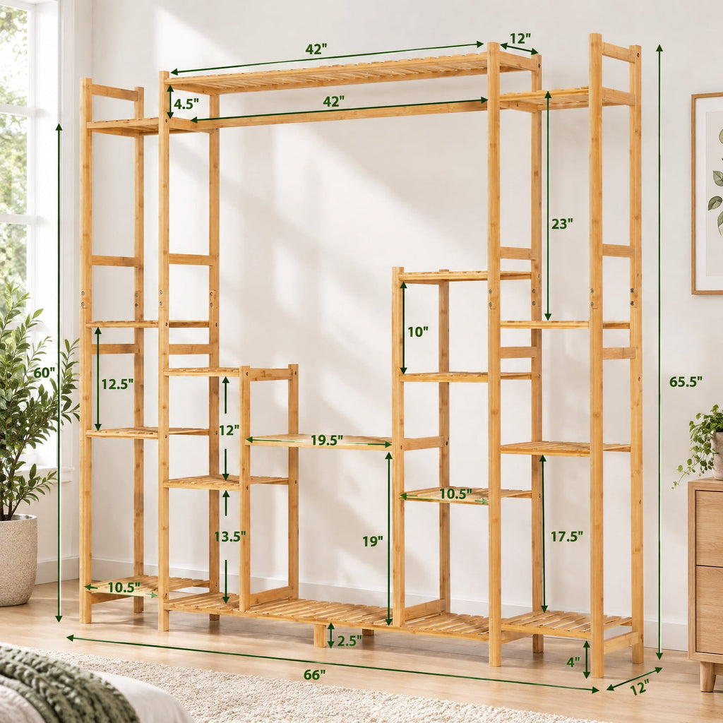 Airfind 9, Bamboo Frame, 66 X 12 X 65.5 (L x W x H) Load capacity of each shelf: 22 lbs Load capacity of hanging rack: 11-22 lbs Footprint