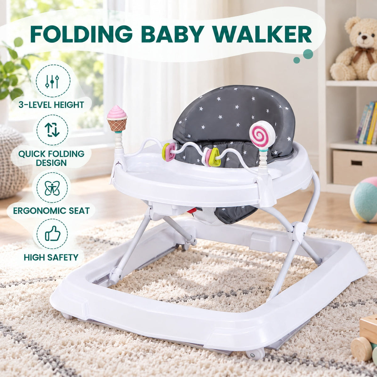 Airfind Foldable Baby Activity Walker with Adjustable Height and Detachable Seat Cushion, 30 lbs Capacity, PP Metal Frame, for 6-36 Months Old, Gray