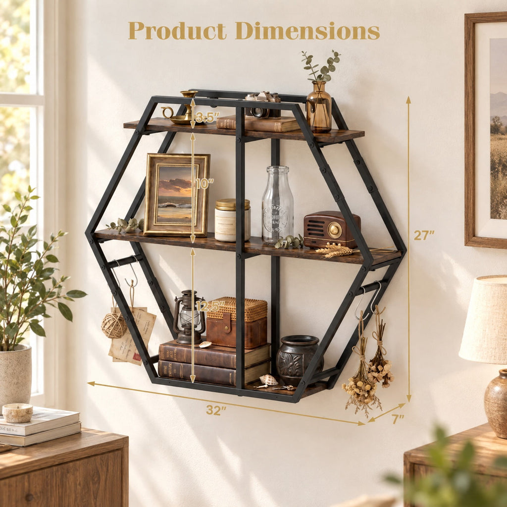 Airfind 3-Tier Geometric Bookcase with S-Shaped Hooks for Living Room, 80 lbs Capacity, Engineered Wood Metal Frame, Brown
