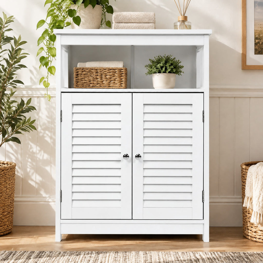 Airfind Wood Freestanding Bathroom Storage Cabinet with Double Shutter Door, 77 lbs Capacity, P2 MDF Frame, 23.5in x 12in x 31.5in Footprint, White