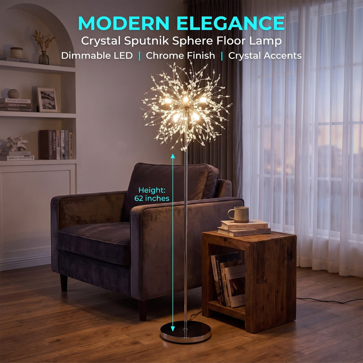 Airfind 63-Inch Crystal Floor Lamp with Acrylic Crystals, Metal Acrylic Stainless Steel Frame, 11in x 63in Cord Length 6.9 ft Footprint, Gold