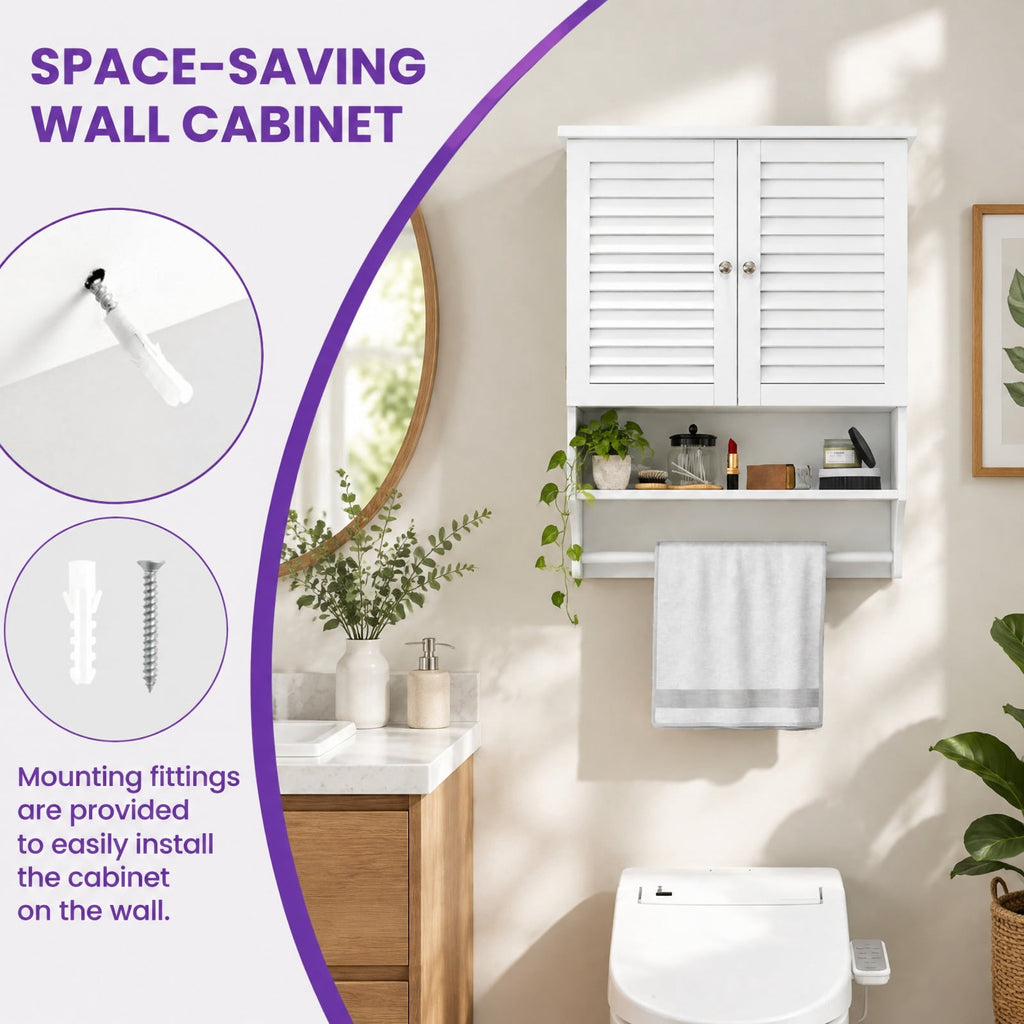 Airfind 2-Doors Bathroom Wall-Mounted Medicine Cabinet with Towel Bar, White, Bottom towel rod for extra storage choice