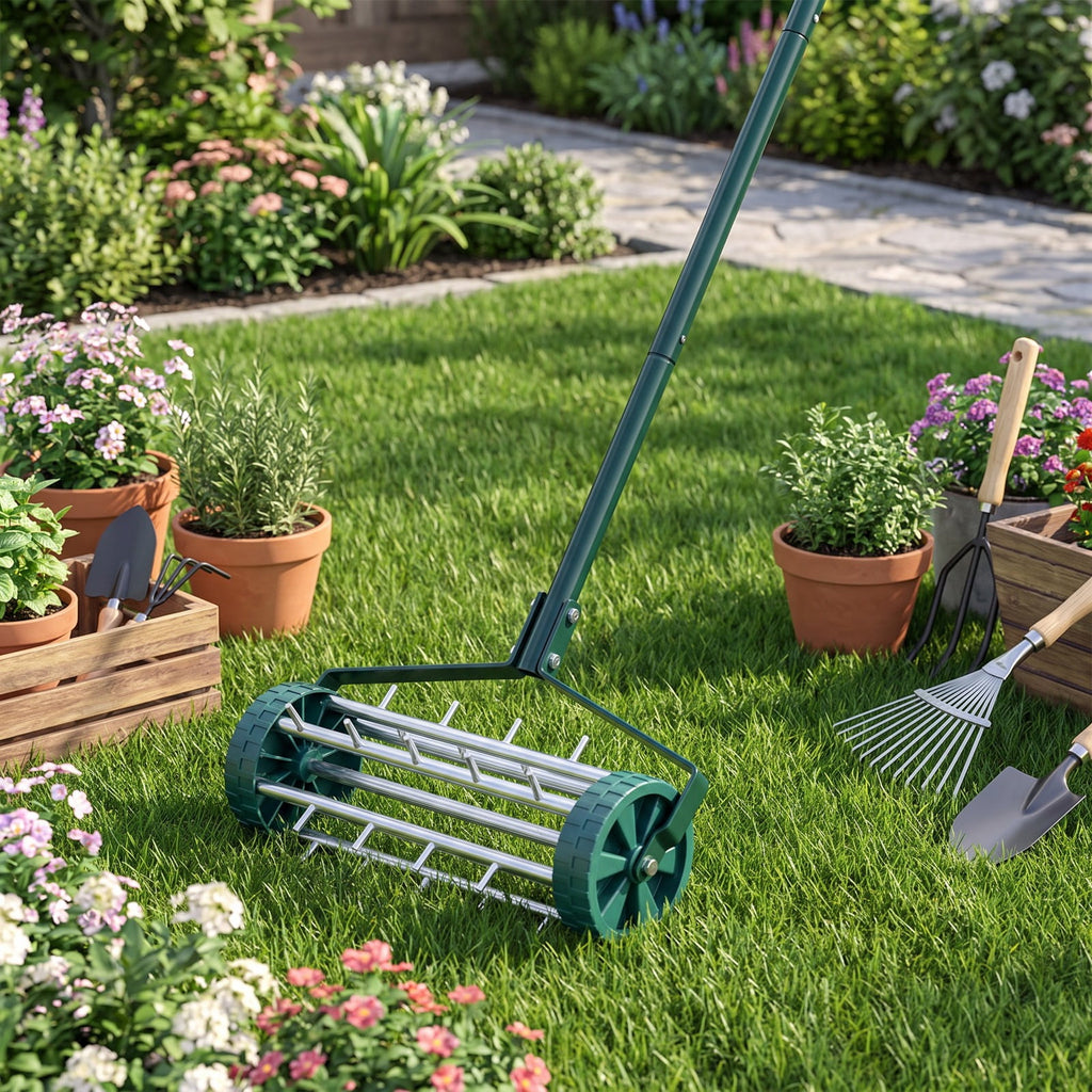 Airfind 18 Inch Rolling Lawn Aerator with Anti, Steel rubber PP Frame, 18 Inch x 8 Inch x 50 Inch Footprint, Green