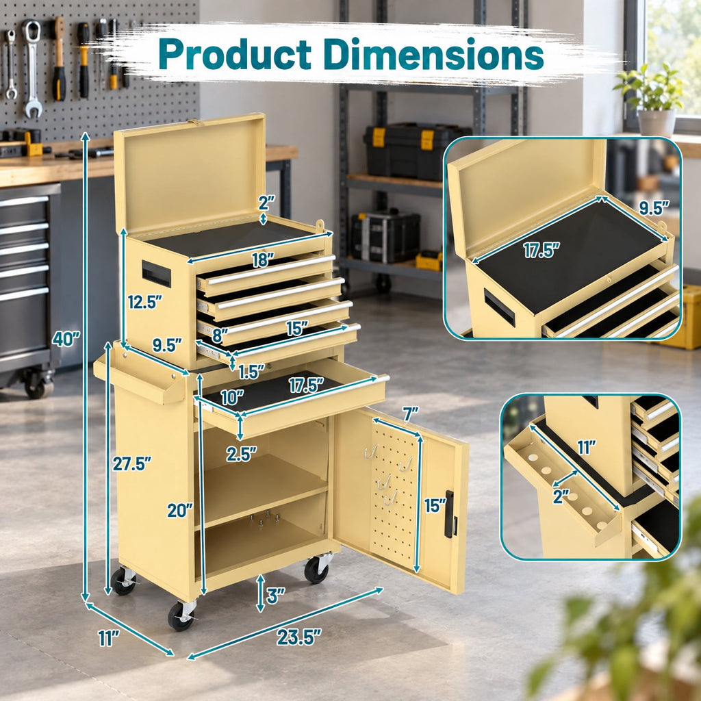 Airfind 2-in-1 Rolling Tool Chest with 5 Sliding Lockable Drawers, 220.5 lbs Capacity, Steel rubber-plastic synthetic Frame, Yellow
