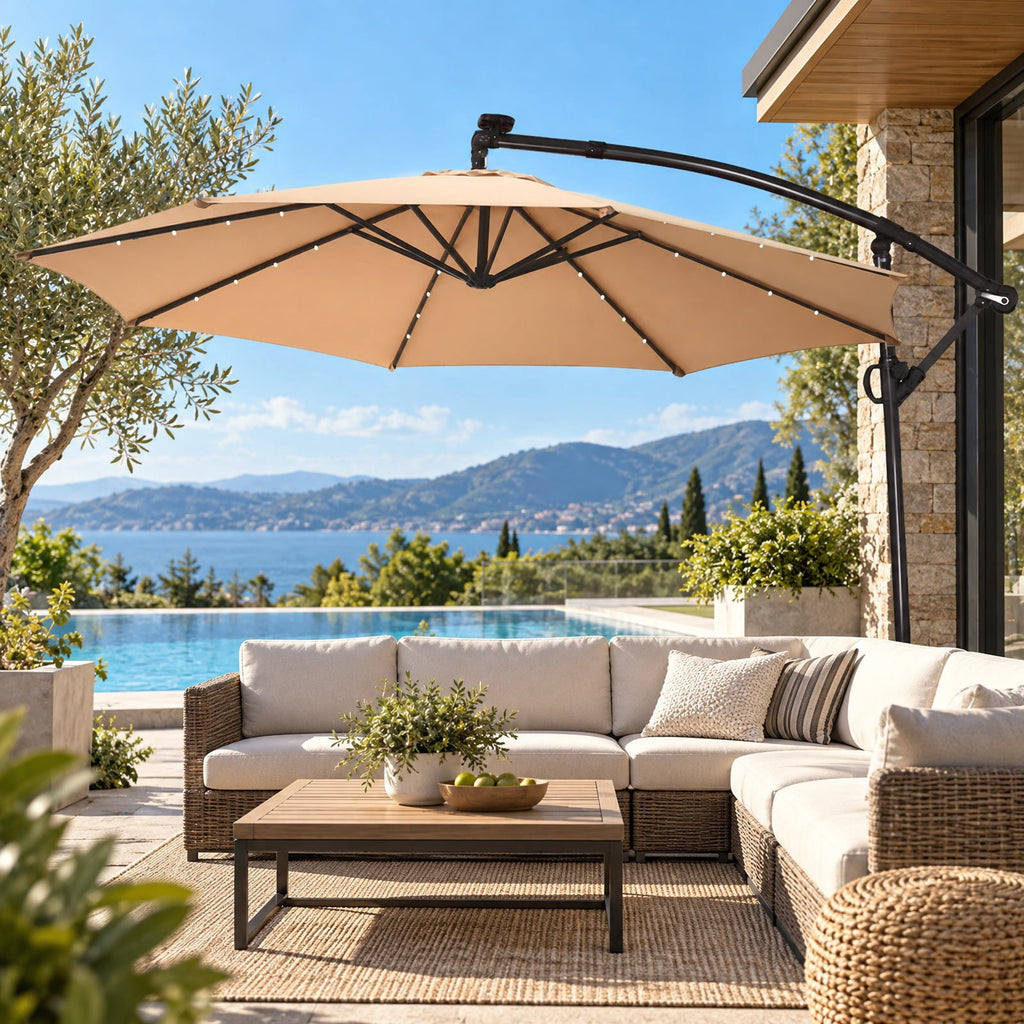 Airfind 10 ft 360° Rotation Solar Powered LED Patio Offset Umbrella without Weight Base, Steel aluminum polyester fabric Frame, 10 x 7.5 Footprint