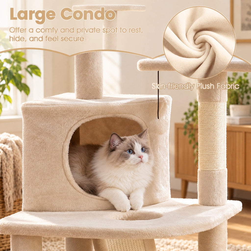 Airfind 44 Inch Tall Kitten Tower with Condo and 2 Plush Perches, 22 lbs Capacity, Engineered Wood Sponge Plush Fabric Sisal Frame, Beige