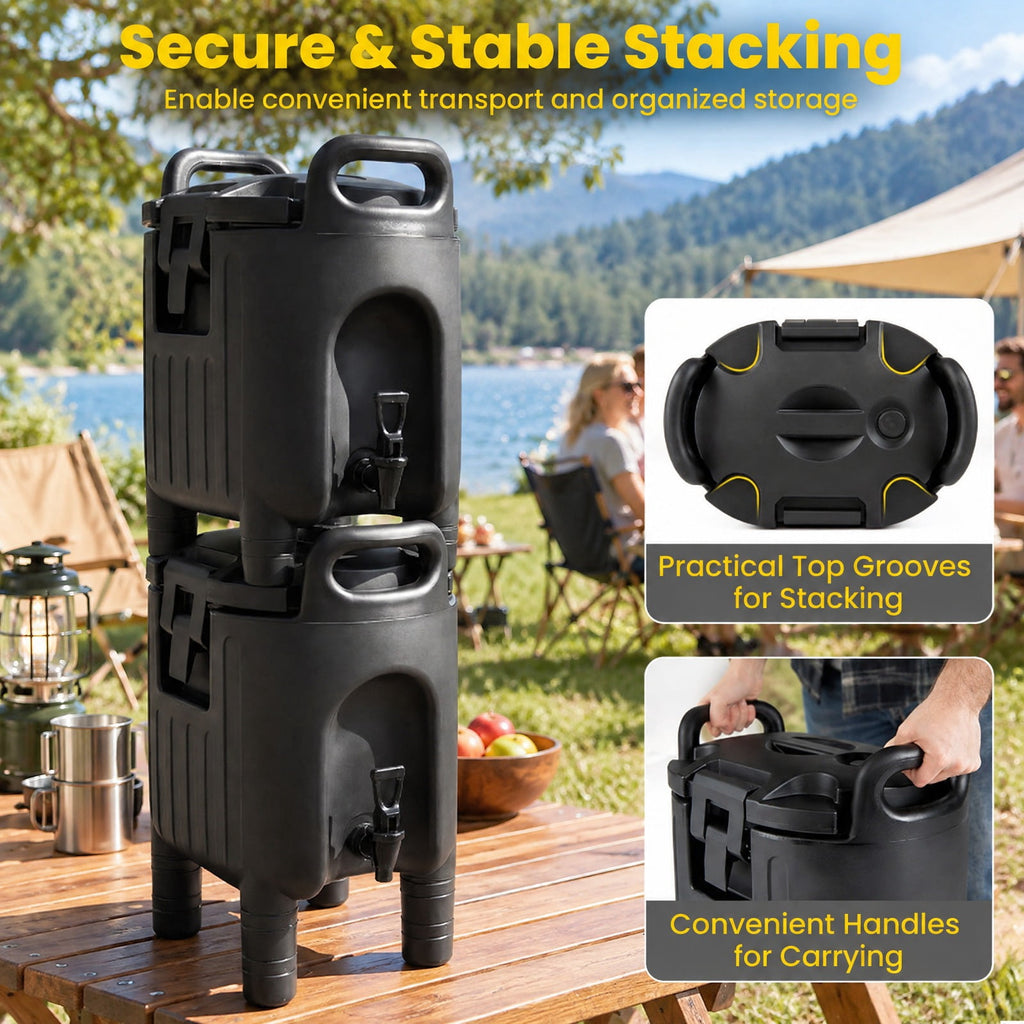 Airfind 2.6 Gal Insulated Beverage Dispenser with Handles and Two-Stage Faucet, LLDPE Nylon PE Silicone Frame, 16 × 12 × 19 Footprint, Black