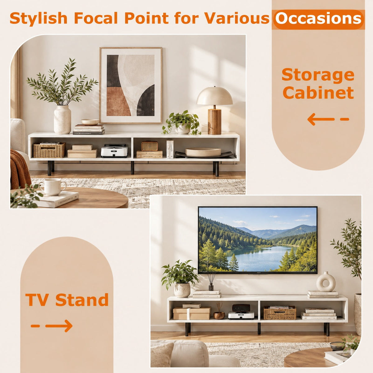 Airfind 3 Cubby TV Stand for TVs up to 70 Inch with Open Storage Compartments, 155 Lbs Capacity, Engineered Wood MDF Metal, White
