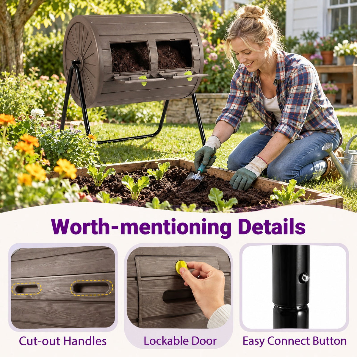 Airfind Compost Tumbler 37.5 Gallon Large Outdoor Compost Bin, PP Metal Frame, 28 x 25 x 36 Barrel Bin Footprint, Coffee