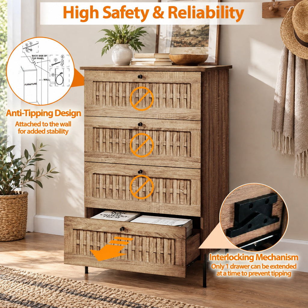 Airfind 4-Drawer Dresser with Interlocking Mechanism and Metal Legs for Bedroom, 155 lbs Capacity, Engineered Wood Metal Frame, Caramel Oak + Black