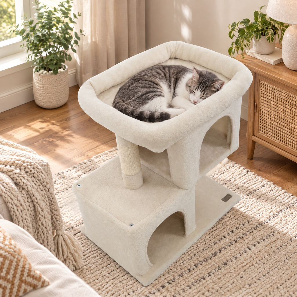 Airfind Modern Cat Tree Space-saving Cat Tower with Upholstered Perch and 2 Cat Condos, 22 lbs Capacity, 24 x 16 x 25.5 Condo Footprint, Beige