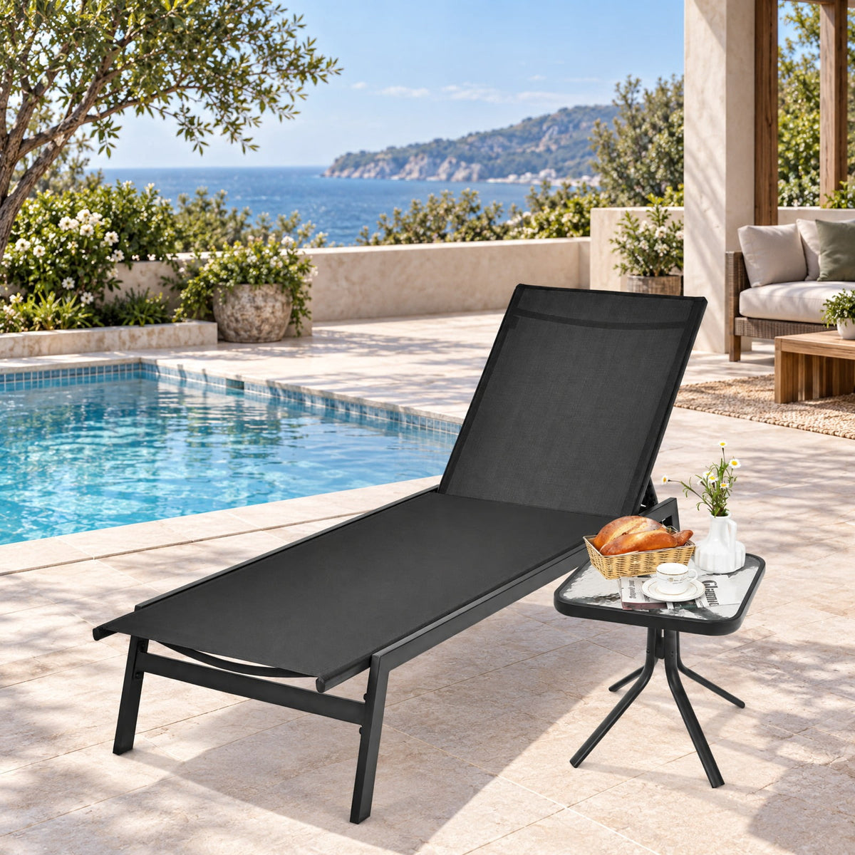 Airfind Outdoor Reclining Chaise Lounge Chair with 6-Position Adjustable Back, 330 lbs Capacity, Steel fabric Frame, Black