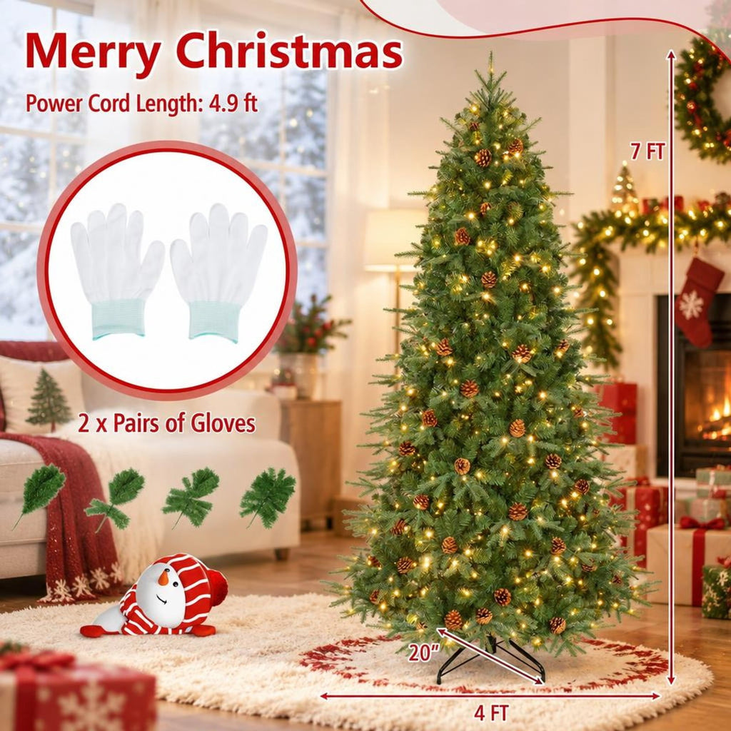 Airfind 7 ft Pre-Lit Artificial Christmas Tree with 460 Warm White LED Lights, 61 Pine Cones, 925 Branch Tips and Folding Metal Stand, Green