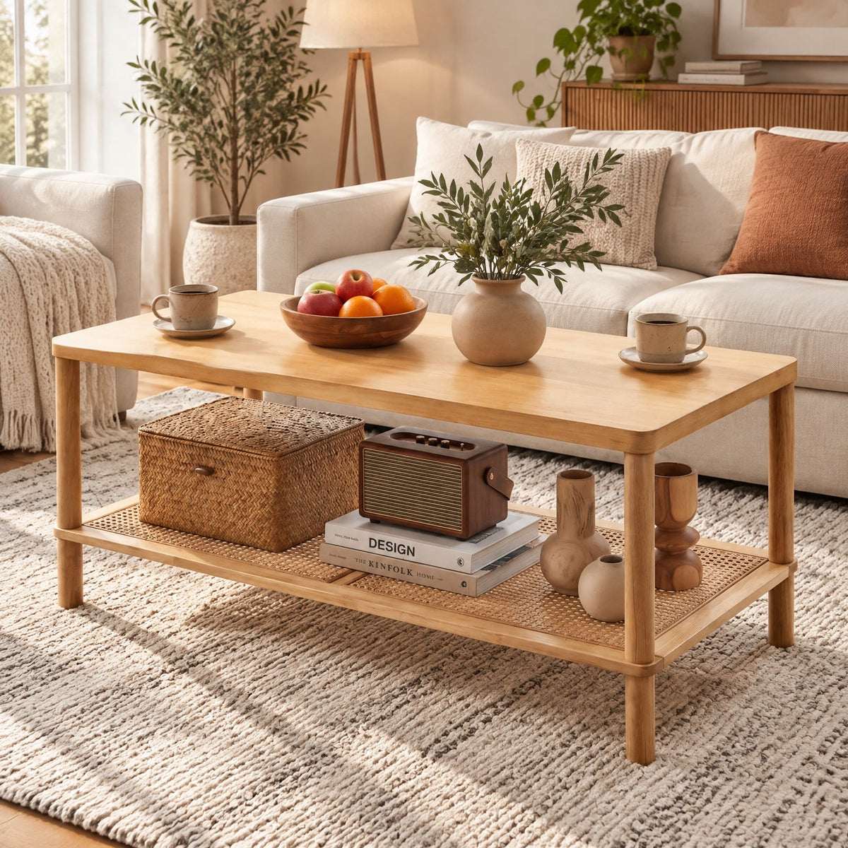 Airfind 2-Tier Boho Coffee Table for Living Room Rectangular Center Table with Rubber Wood Frame and PVC Rattan Storage Shelf, 185 lbs Capacity
