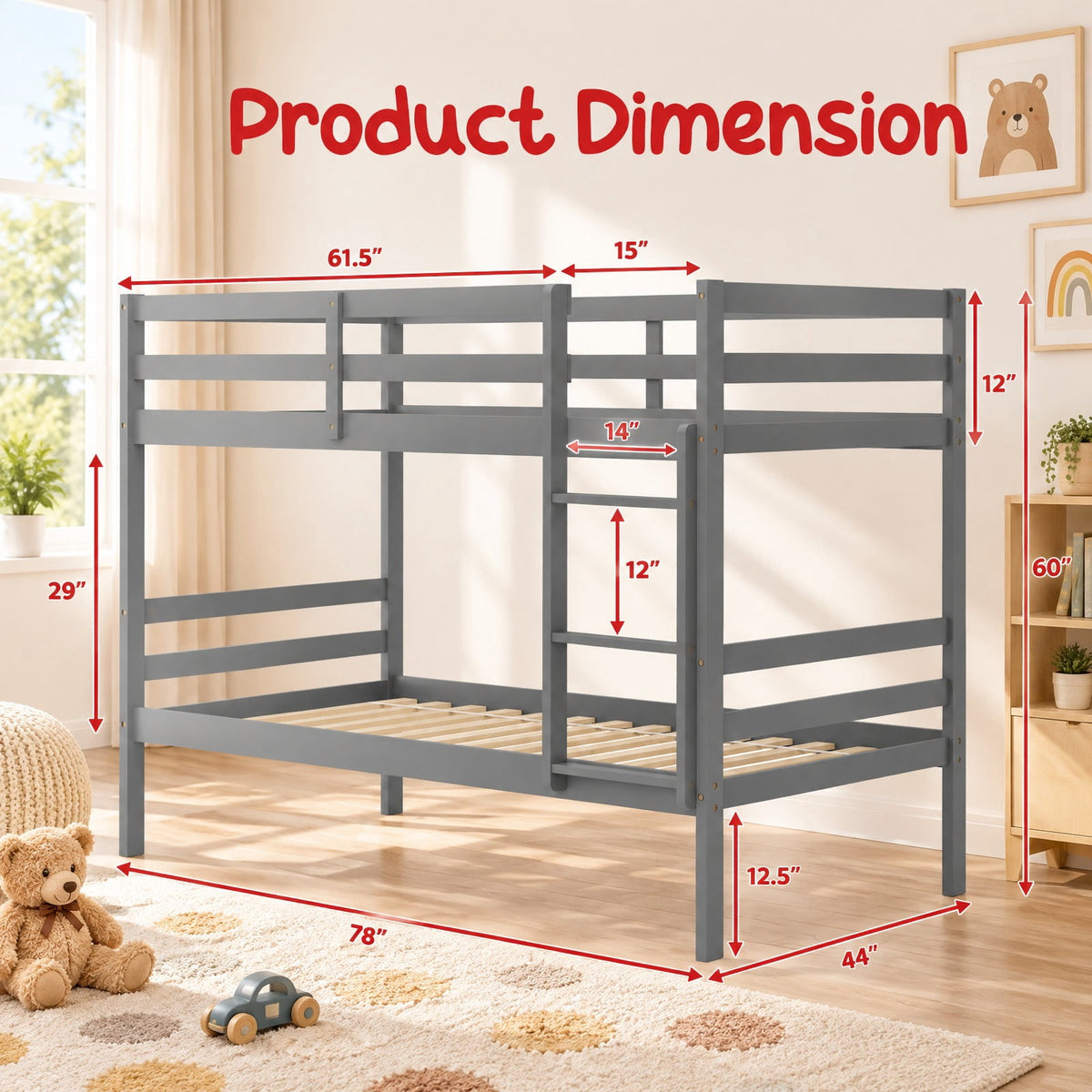 AIRFIND Twin Over Twin Bunk Bed with Pine Wood Frame, Plywood Slats, Inclined Ladder, Guardrails and Wall Brackets, Mattress Not Included, Gray