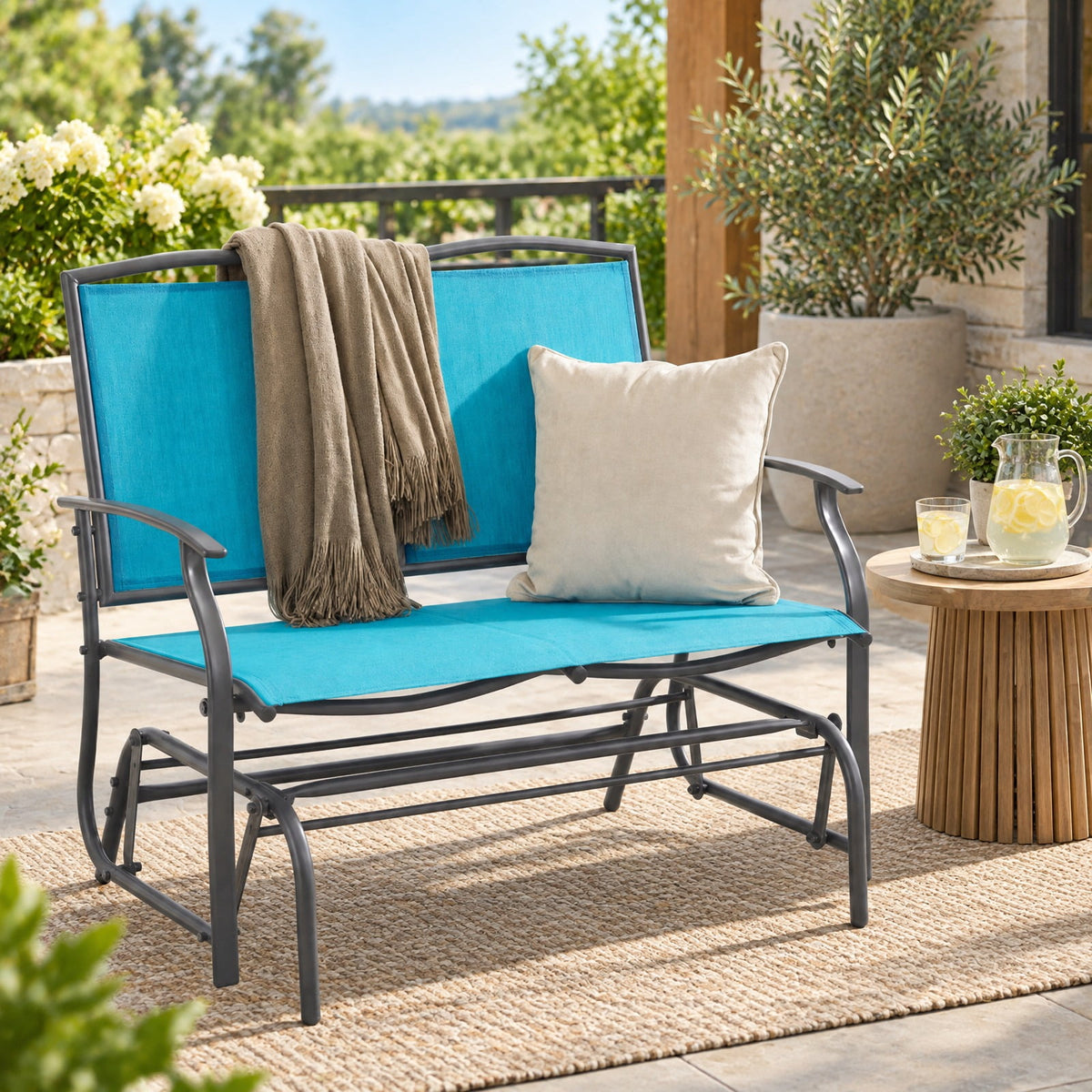 Airfind Iron Patio Glider Loveseat for Outdoor Backyard, 396 lbs Capacity, Steel and textilene Frame, 41.3 x 28.1 x 36.6 Footprint, Turquoise