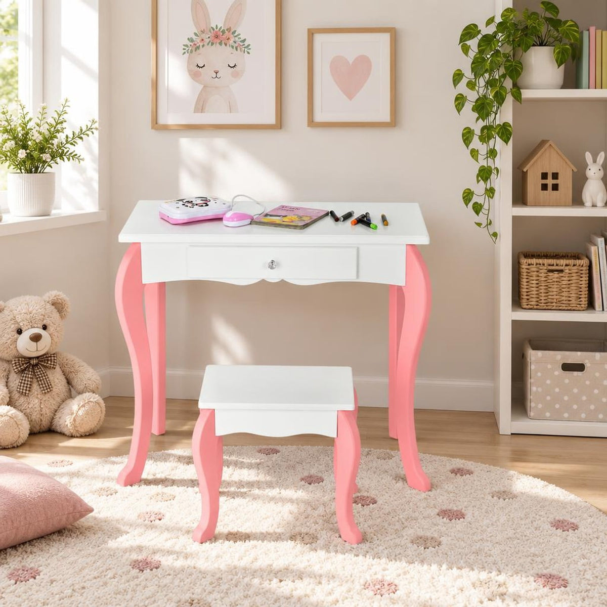 Airfind Kids Vanity Princess Makeup Dressing Table Stool Set with Mirror and Drawer, 44 lbs Capacity, MDF Frame, White