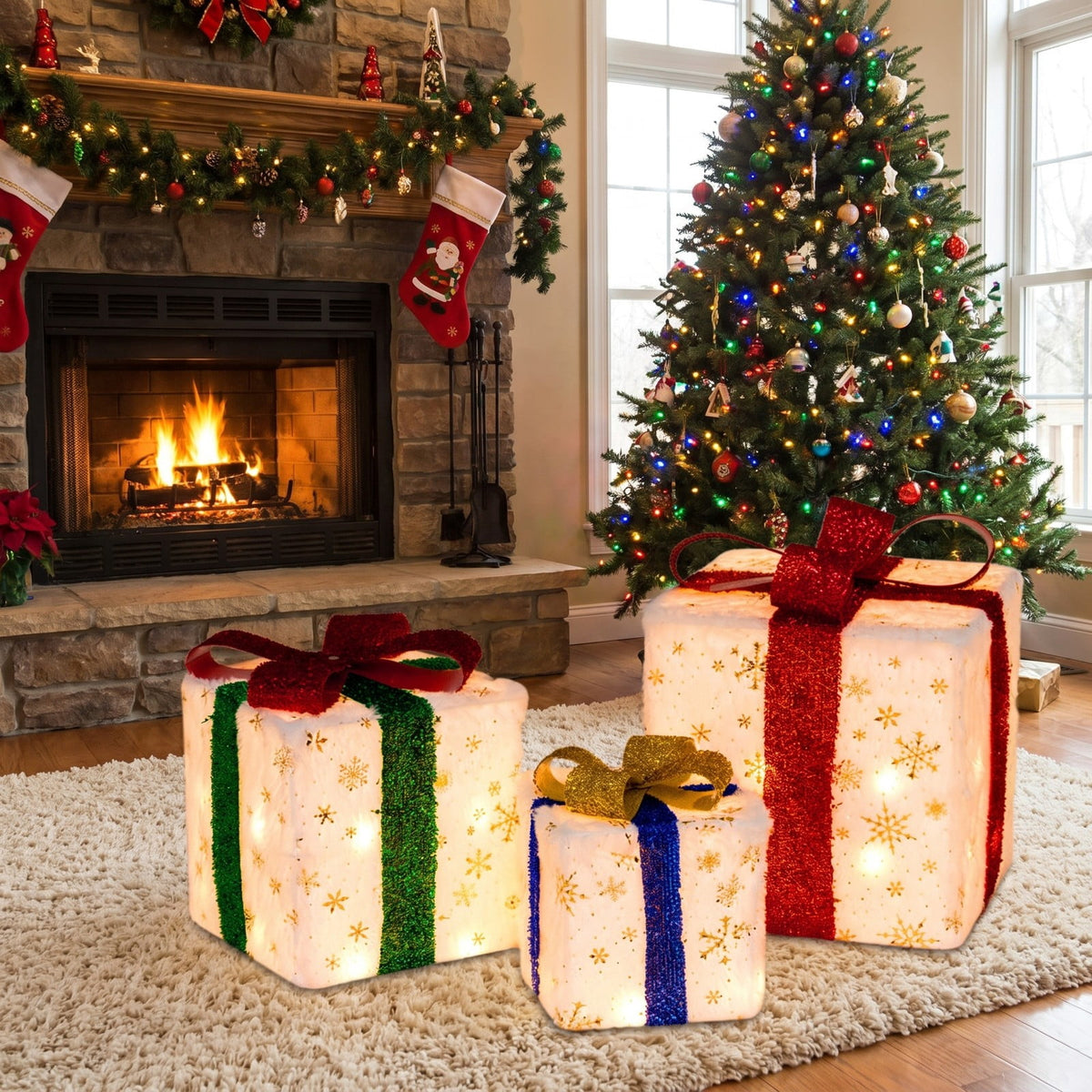 Airfind Set of 3 Christmas Lighted Gift Boxes with 48 Bright Warm Lights, Polyester Fabric PVC Plush Fabric Frame, White+Red+Golden+Green+Blue