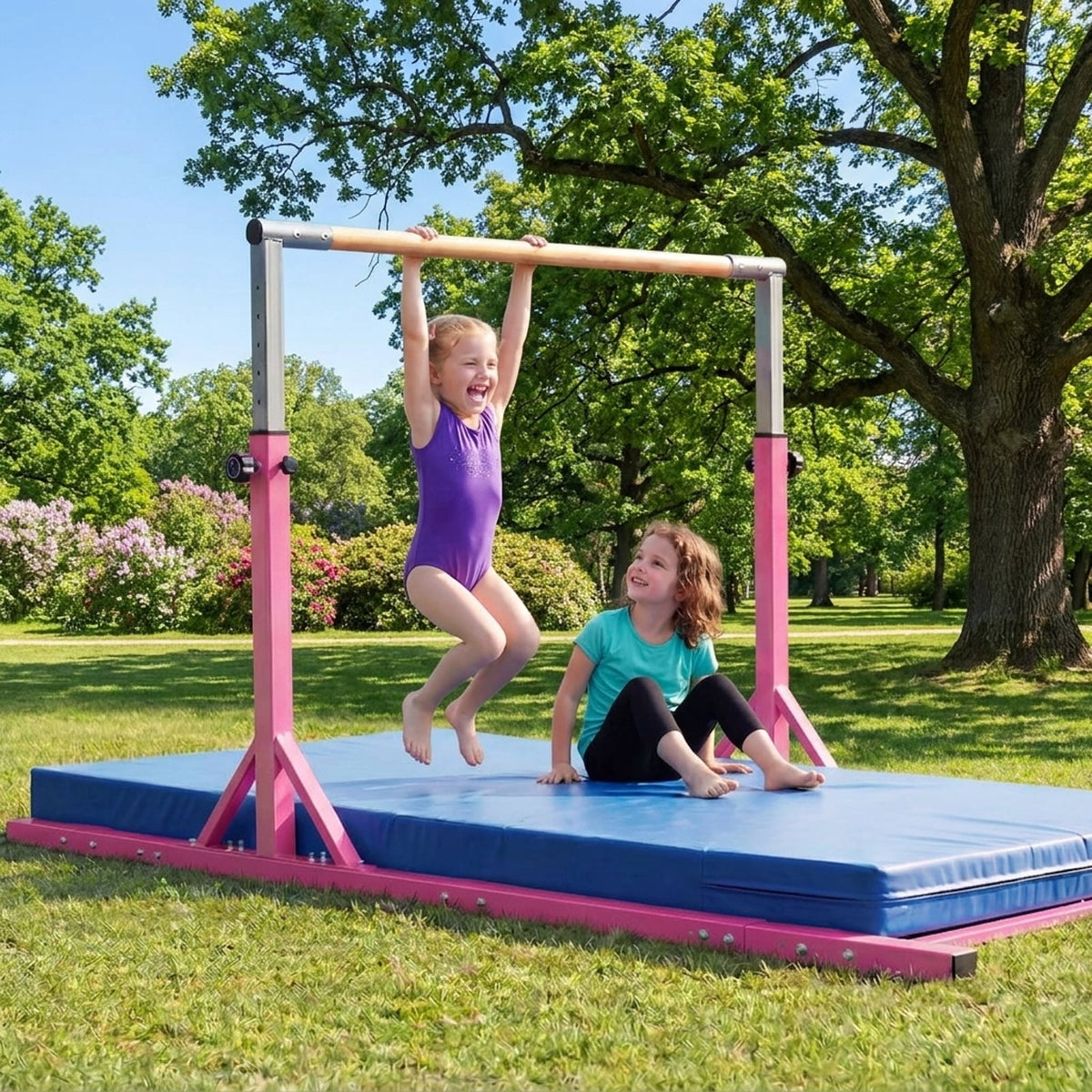 Airfind Adjustable Foldable Gymnastics Bar for Home with Heavy-Duty Steel Frame and Non-Slip Rubber Feet plus Safety Lock Pins for Kids Training, Pink