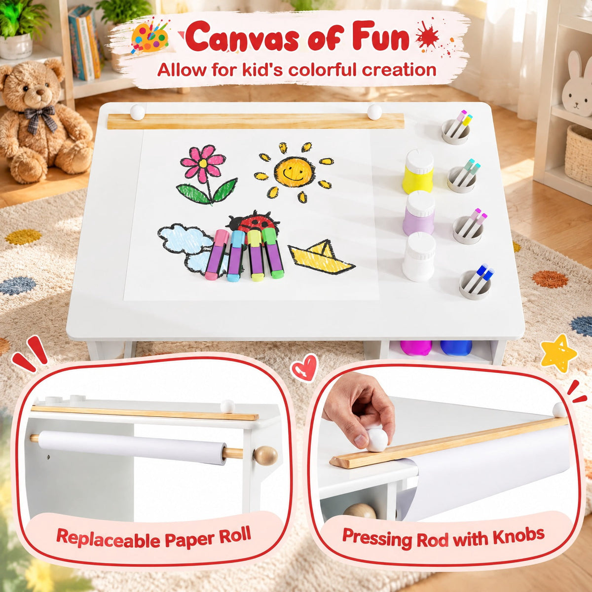 Airfind Kids Art Table and Chair Set Toddler Craft Drawing Desk, 110 lbs Capacity, MDF Pine Wood Frame, 31.5 x 23.5 x 19.5 Footprint, White