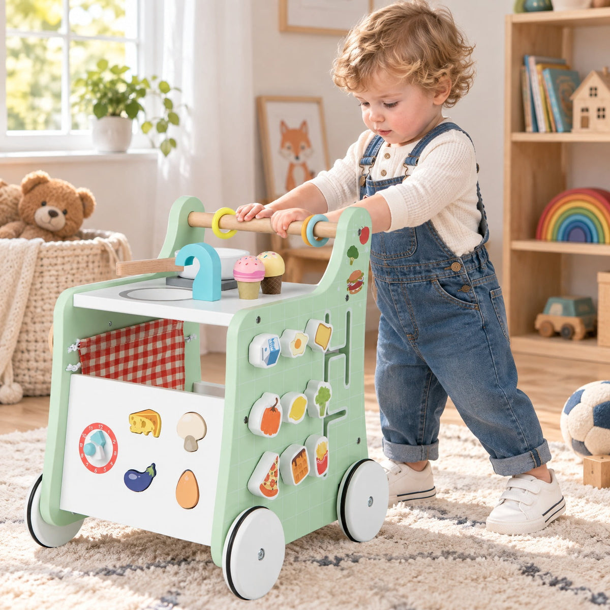 Airfind 6-in-1 Wooden Baby Stroller with Play Kitchen for Kids Over 12 Months, MDF Beech Wood Plastic Frame, 12 x 13.5 x 16.5 Footprint, Green
