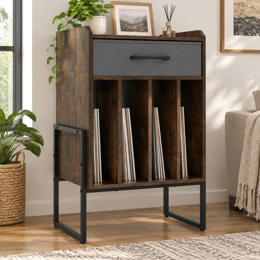 Airfind Record Player Stand with Drawer and Record Holder, 66 lbs Capacity, Engineered Wood MDF Metal Non-woven Fabric Frame, Brown