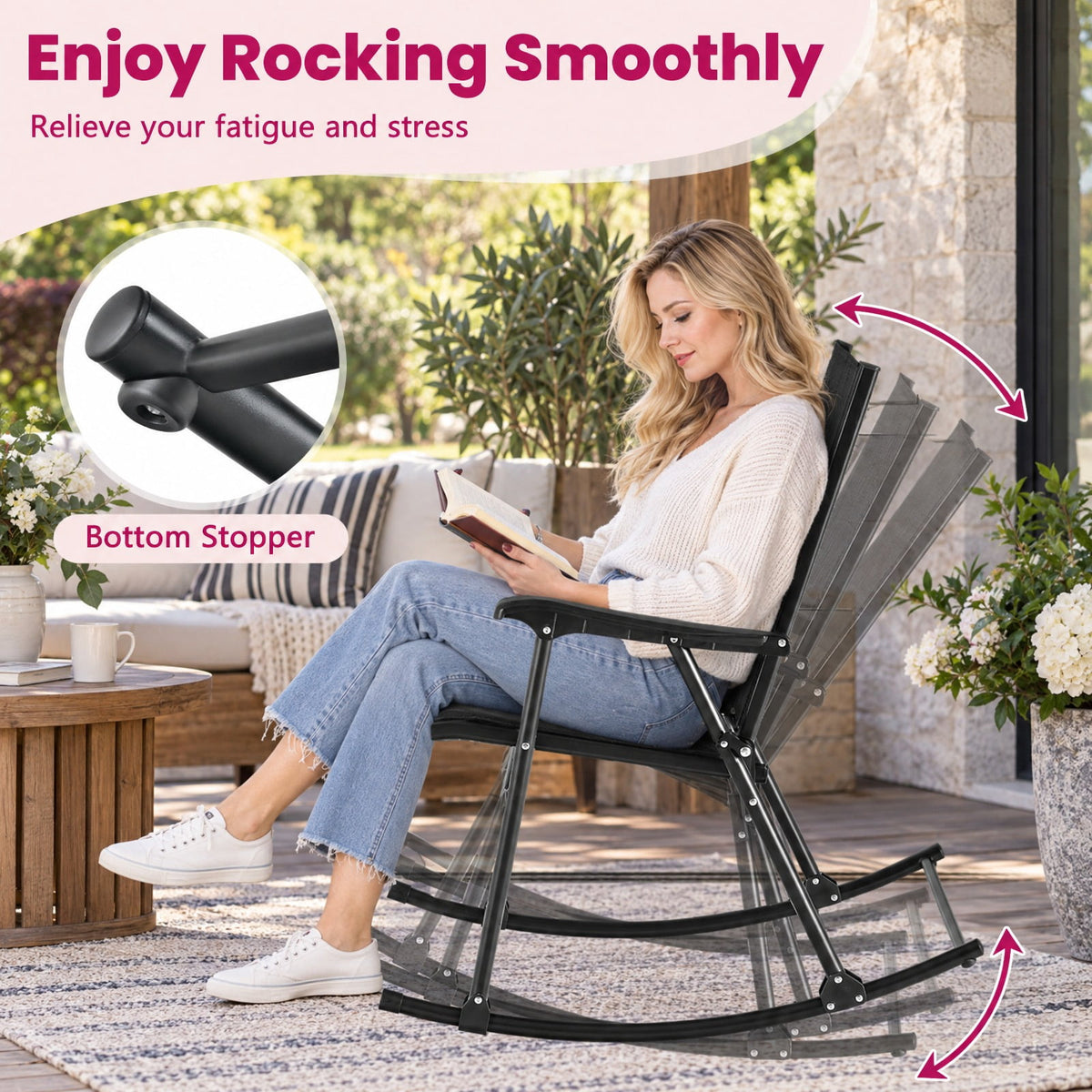 Airfind Folding Rocking Chair with Breathable Seat Fabric Set of 2, 330 lbs Capacity, Fabric Metal Frame, 32.5 x 25 x 36 Footprint, Black