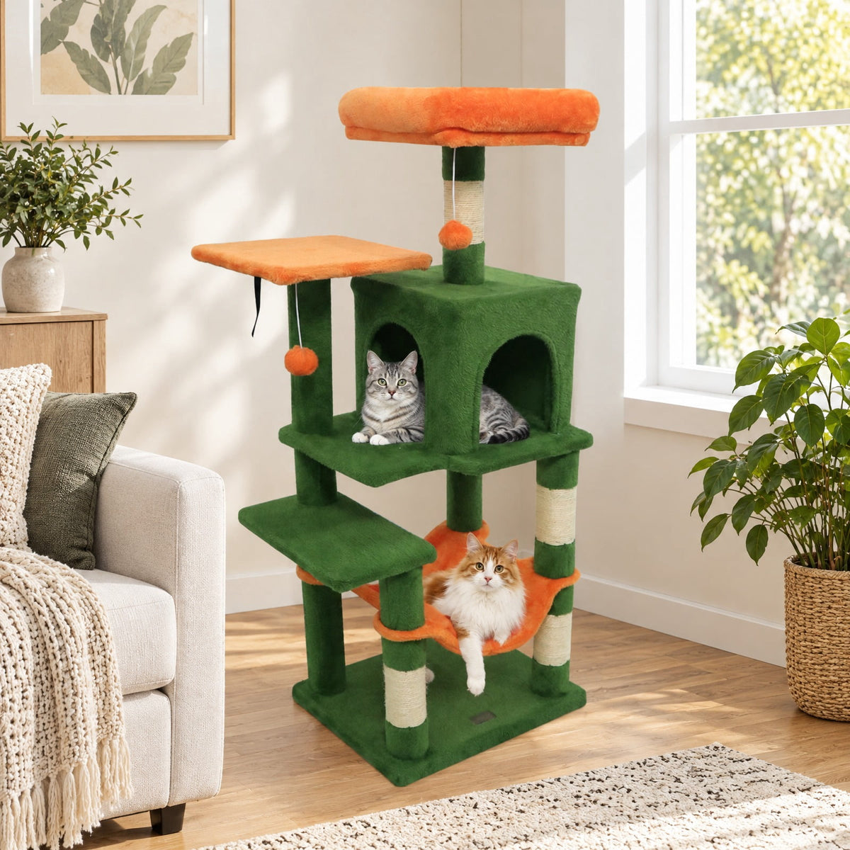 Airfind Multi-Level Cat Tower with 2-Door Condo and Padded Top Perch, PP Cotton Fabric Sisal Engineered Wood Overall Height 44 Base Frame, Green