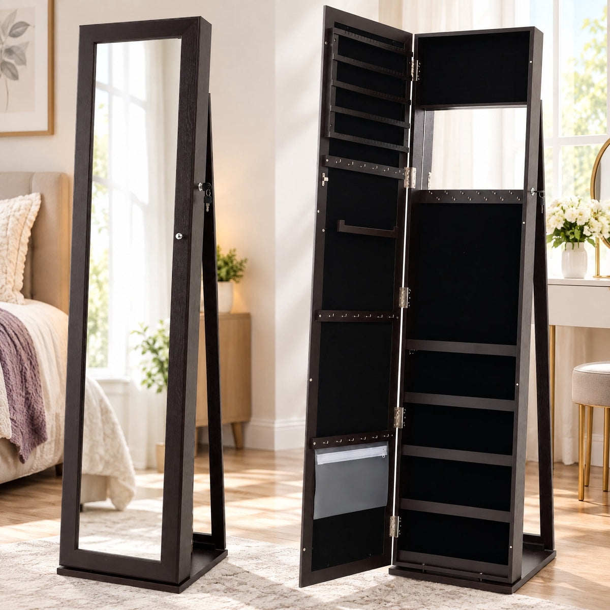 Airfind Standing Lockable Jewelry Storage Organizer with Full-Length Mirror, P2 MDF Frame, 14.5 x 15 x 62 Footprint, Coffee