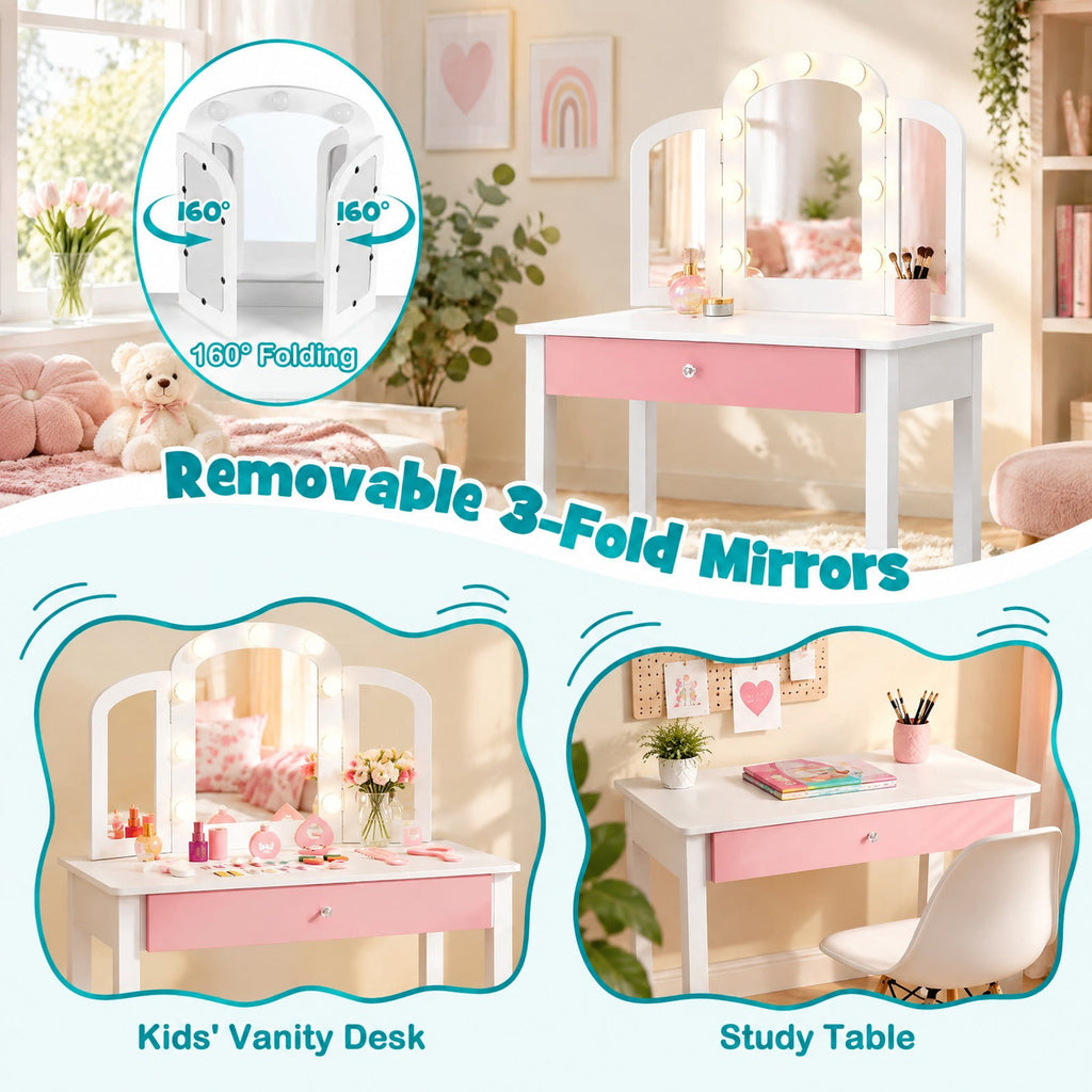 Airfind 2-in-1 Kids Vanity Table Set with Tri-Folding Detachable Mirror and Lights, 110 lbs Capacity, MDF Pine Wood Acrylic Frame, Footprint, White