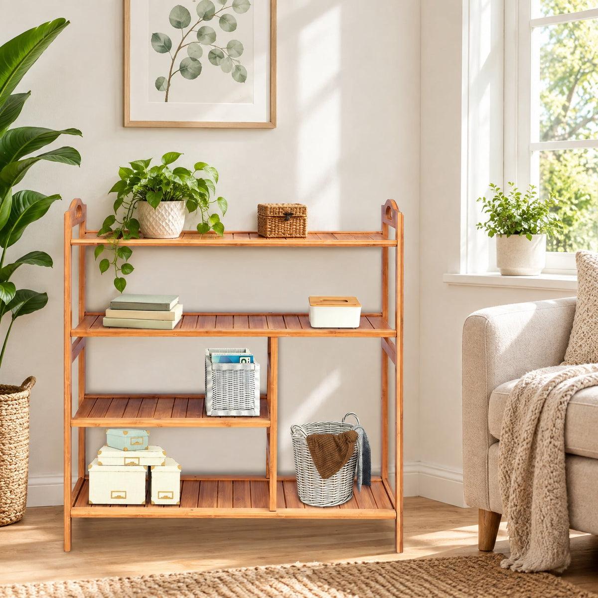 Airfind Shoe Rack, 4 Tiers Multifunction Bamboo Storage, for Entryway Hallway, 44 lbs Capacity, Bamboo Frame, Wood color, Natural
