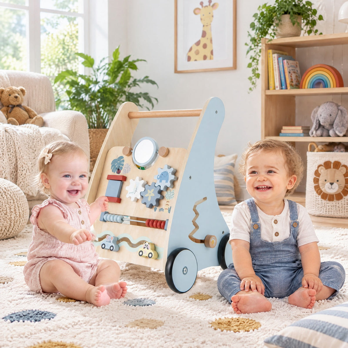 Airfind Wooden Baby Push and Pull Walker with Multi, Lotus Wood Engineered Wood Frame, for 3+ Years Old, 14in x 12in x 18in Footprint, Blue