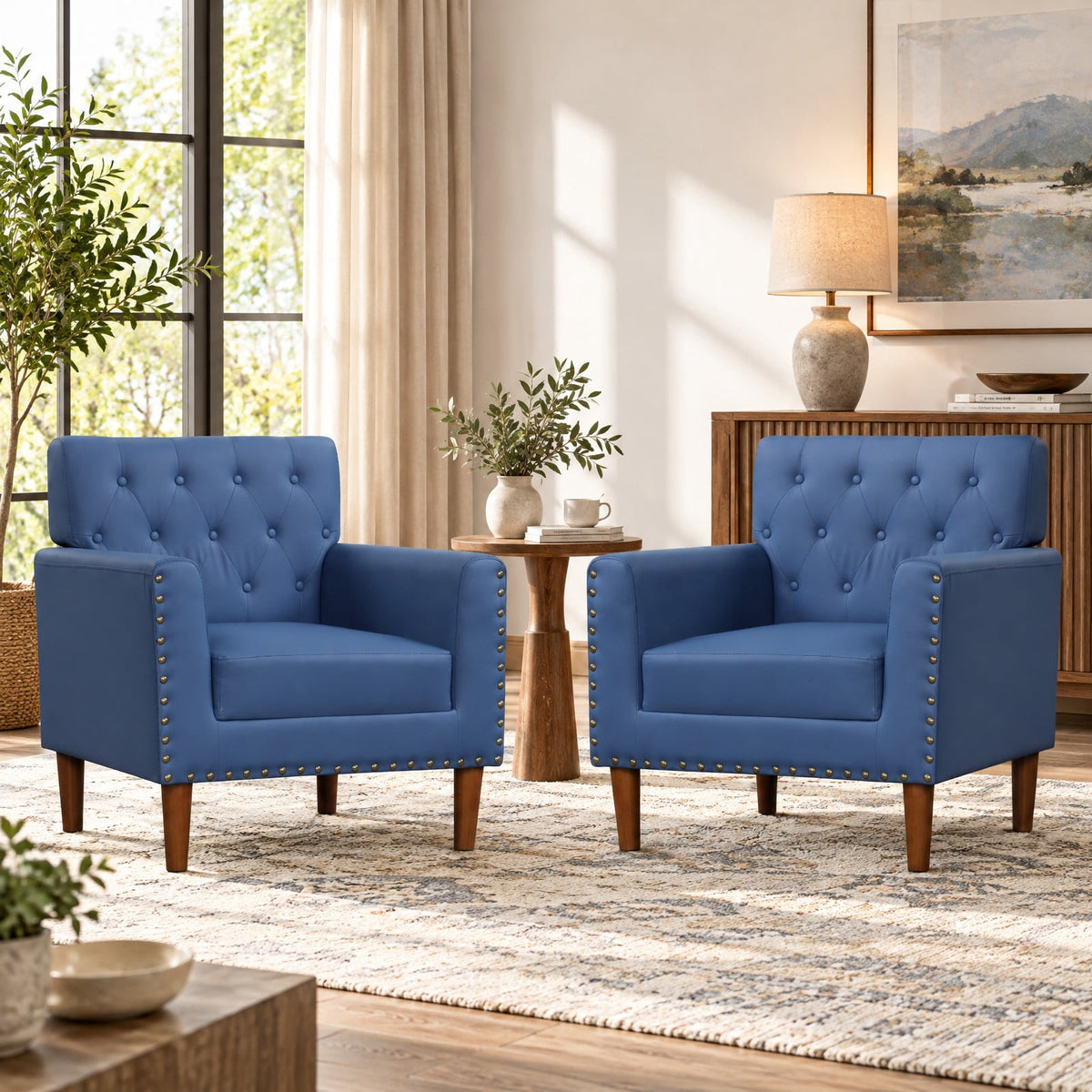 Airfind Mid Century Modern Accent Chair with Button Tufted Decoration and Rivets, 400 lbs Capacity, PVC Leather Sponge Rubber Wood Plywood Frame