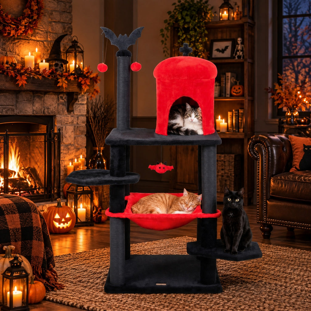 Airfind 51in Gothic Multi-level Cat Tree with Spider Hanging Toy for Black Halloween, 22 lbs Capacity, Red