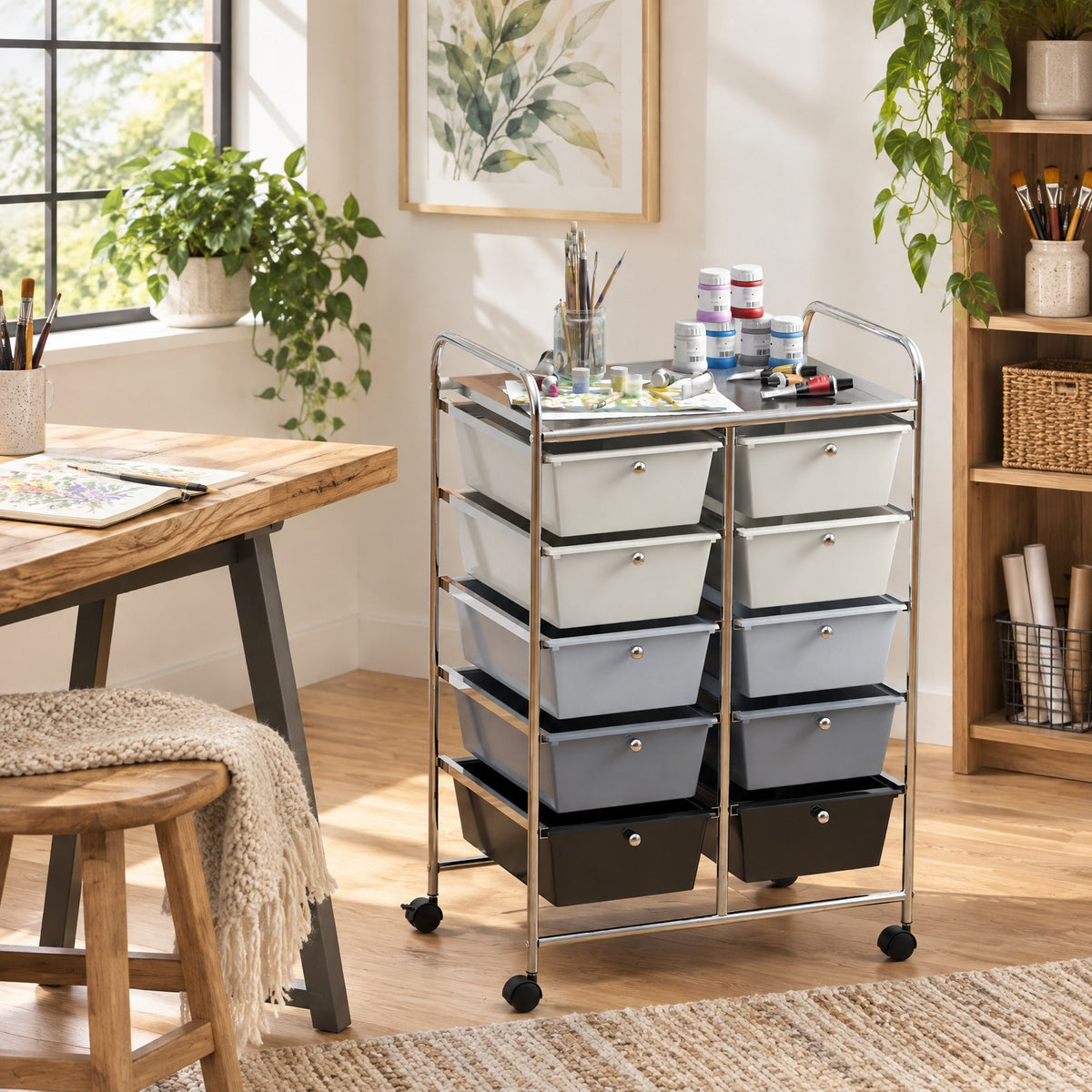 Airfind 10-Drawer Rolling Storage Cart-Beige and Gray, 22 lbs Capacity, Metal PP Frame, 26in x 14.5in x 34in Footprint, Beige