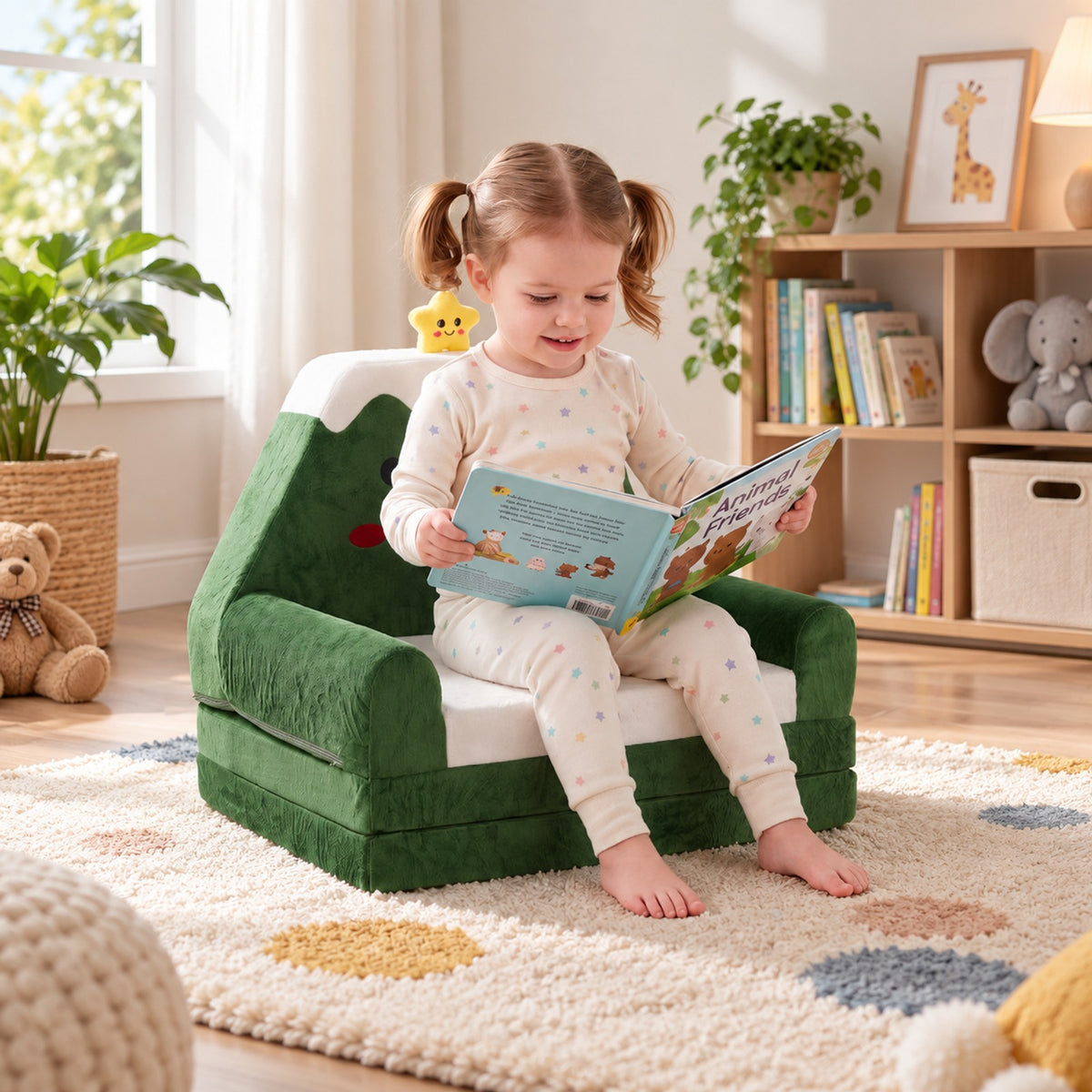 Airfind 2-in-1 Convertible Kids Sofa to Lounger with Christmas Patterns, Ultra-soft Fabric Sponge Frame, for 18-36 Months Old, Green