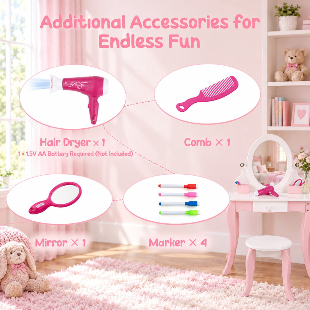 Airfind Pretend Kids Vanity Set with 360° Rotatable Mirror and Play Accessories, 66 lbs Capacity, MDF Acrylic Frame, 24 x 13.5 x 40 Footprint