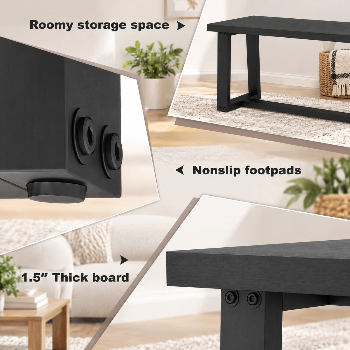 Airfind Wood Dining Bench with Metal Frame and Adjustable Footpads, 56.5 Inch x 16.5 Inch x 18 Inch Weight Footprint, Black
