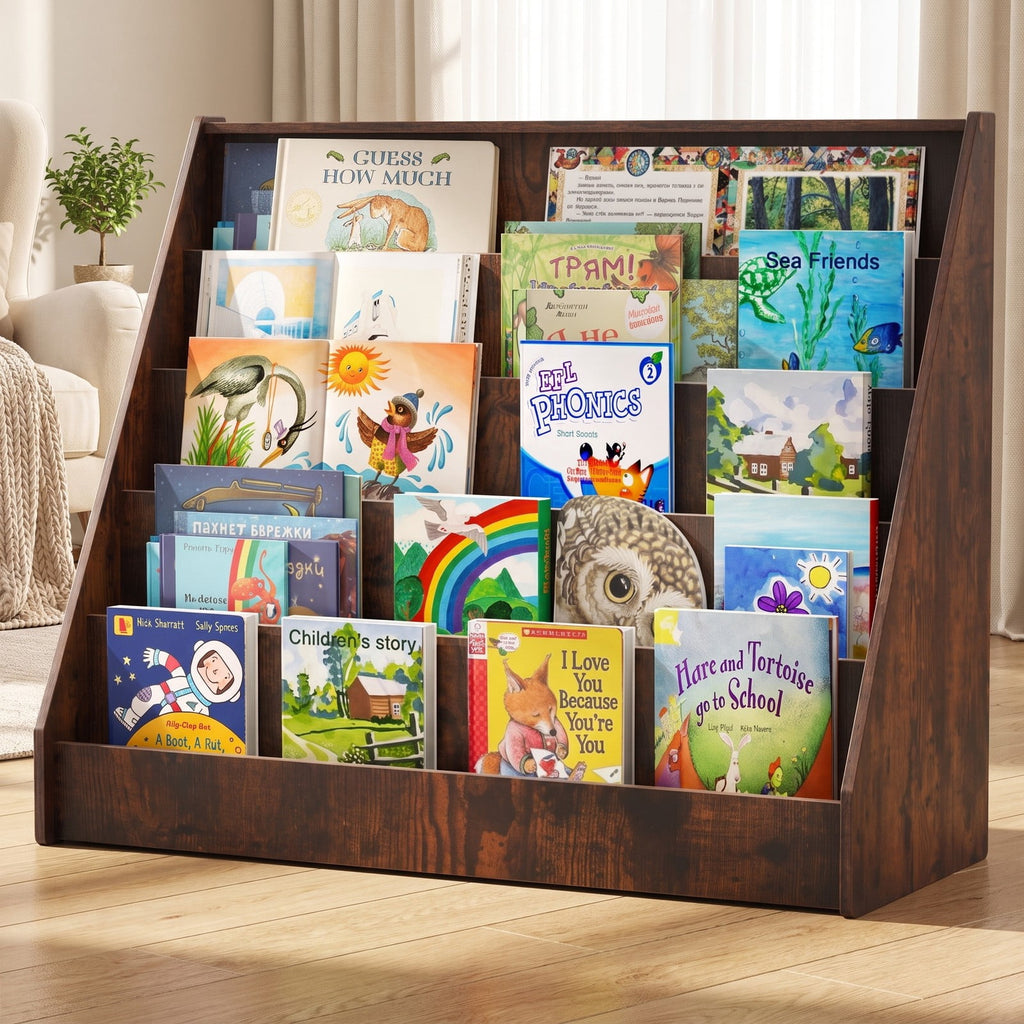 Airfind 5-Tier Kids Bookshelf with Deep Compartments and Stable Baby Book Case, Engineered Wood Frame, for 3+, 36 x 15 x 30 Footprint, Brown