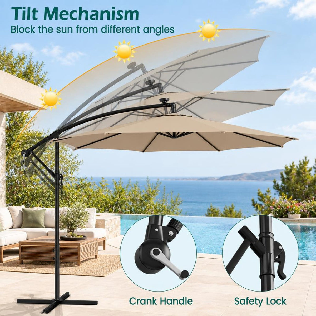 Airfind 10 Feet Patio Offset Umbrella with 112 Solar-Powered LED Lights, Polyester Fabric Metal Frame, 10 x 8 ft Footprint, Beige