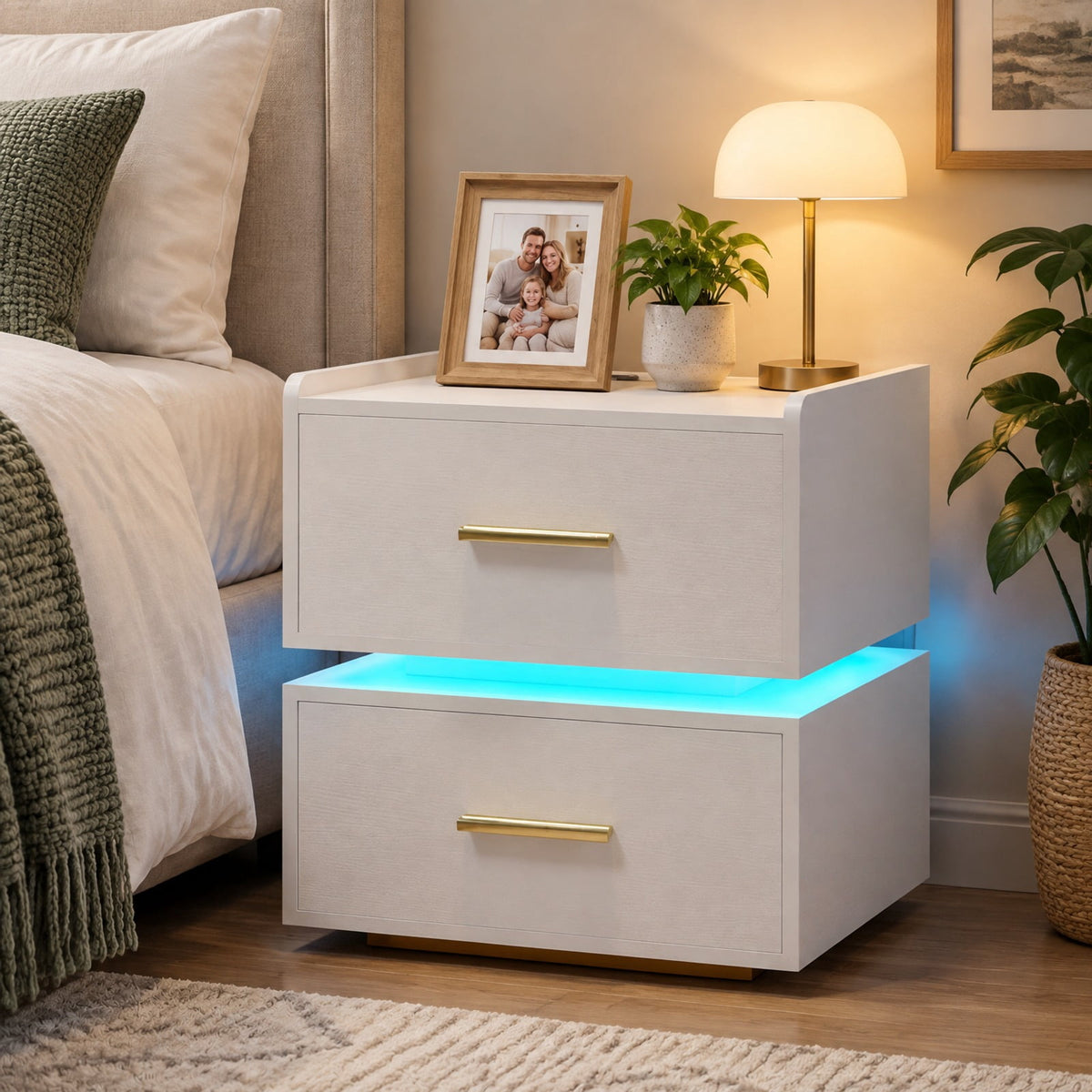 Airfind Nightstand with Charging Station LED Bedside Table with 2 Storage Drawers, 77 lbs Capacity, Engineered Wood MDF Metal Frame, White