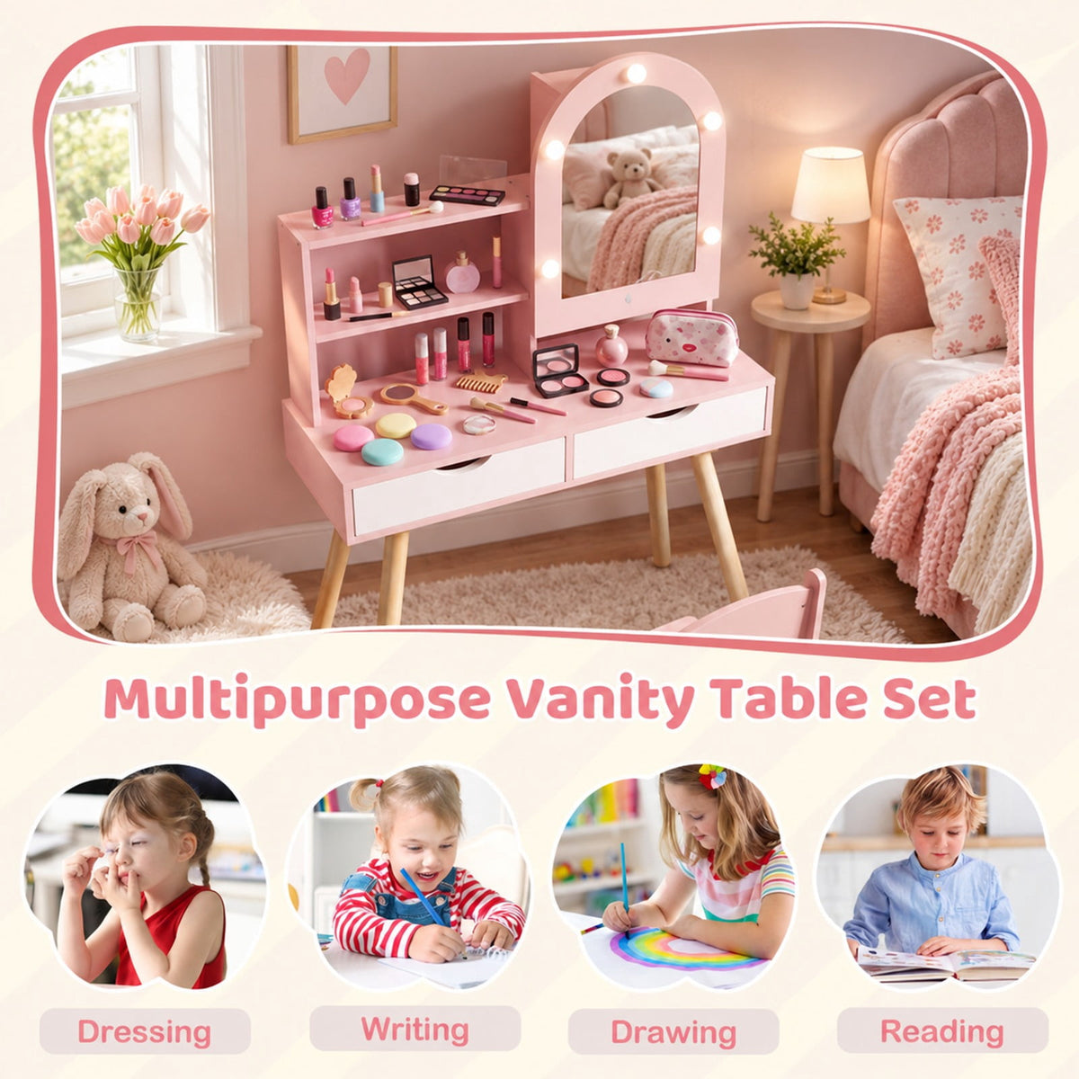 Airfind Kids Vanity Set Pretend Play Dressing Table Set with 3-Color Lighting Modes and Mirror Cabinet, 44 lbs Capacity, MDF Frame, Pink