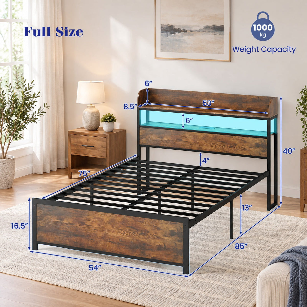 Airfind LED Bed Frame with Power Outlets and Storage Headboard, 1000 lbs Capacity, Engineered Wood Metal MDF Frame